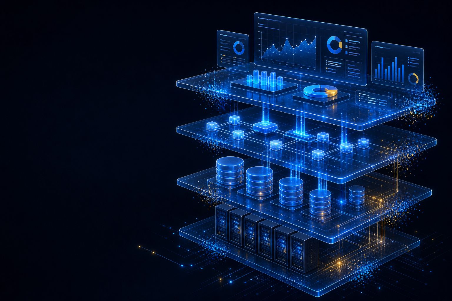 Illustration of a layered software platform with databases, APIs, and dashboards