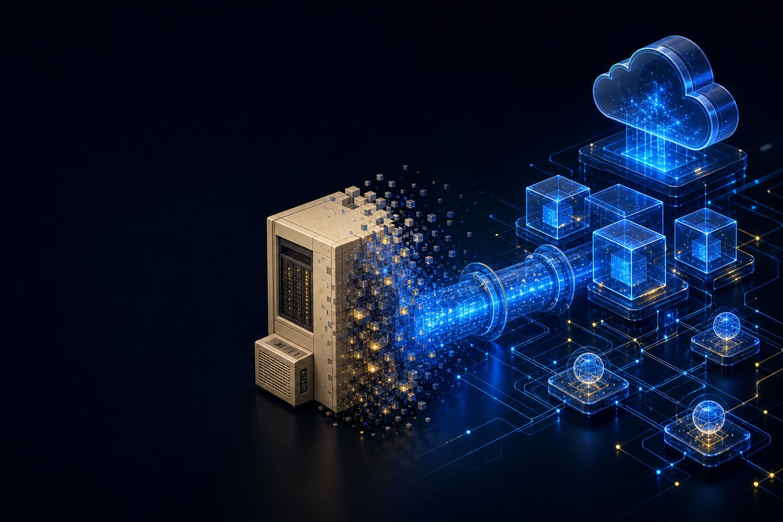 Illustration of a legacy server transforming into modern cloud services