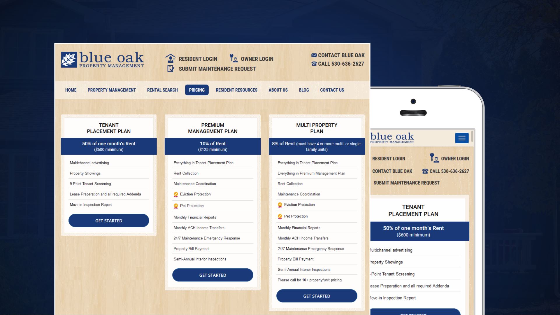 Blue Oak Chico Interface with Pricing Plans.