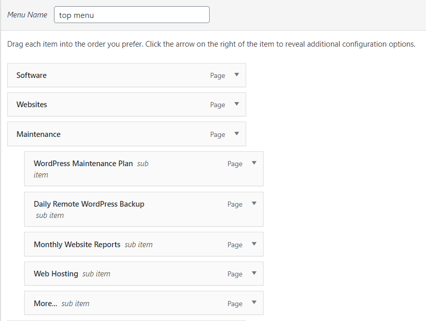 A menu structure window showing menus and sub menus