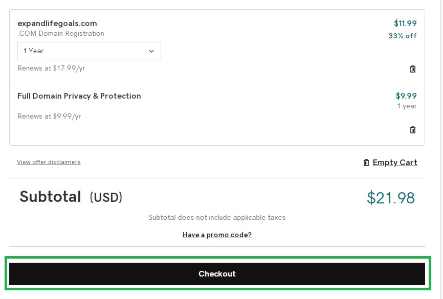 Godaddy domain name checkout
