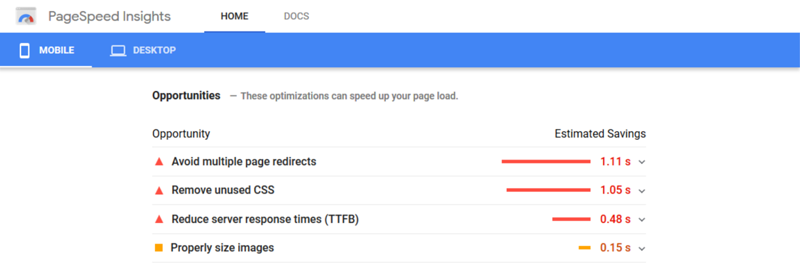 PageSpeed Insights - Performance Opportunities